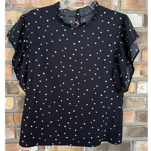 Shein Black & White Heart Print Ruffled Trim Butterfly Sleeve Blouse Size 6